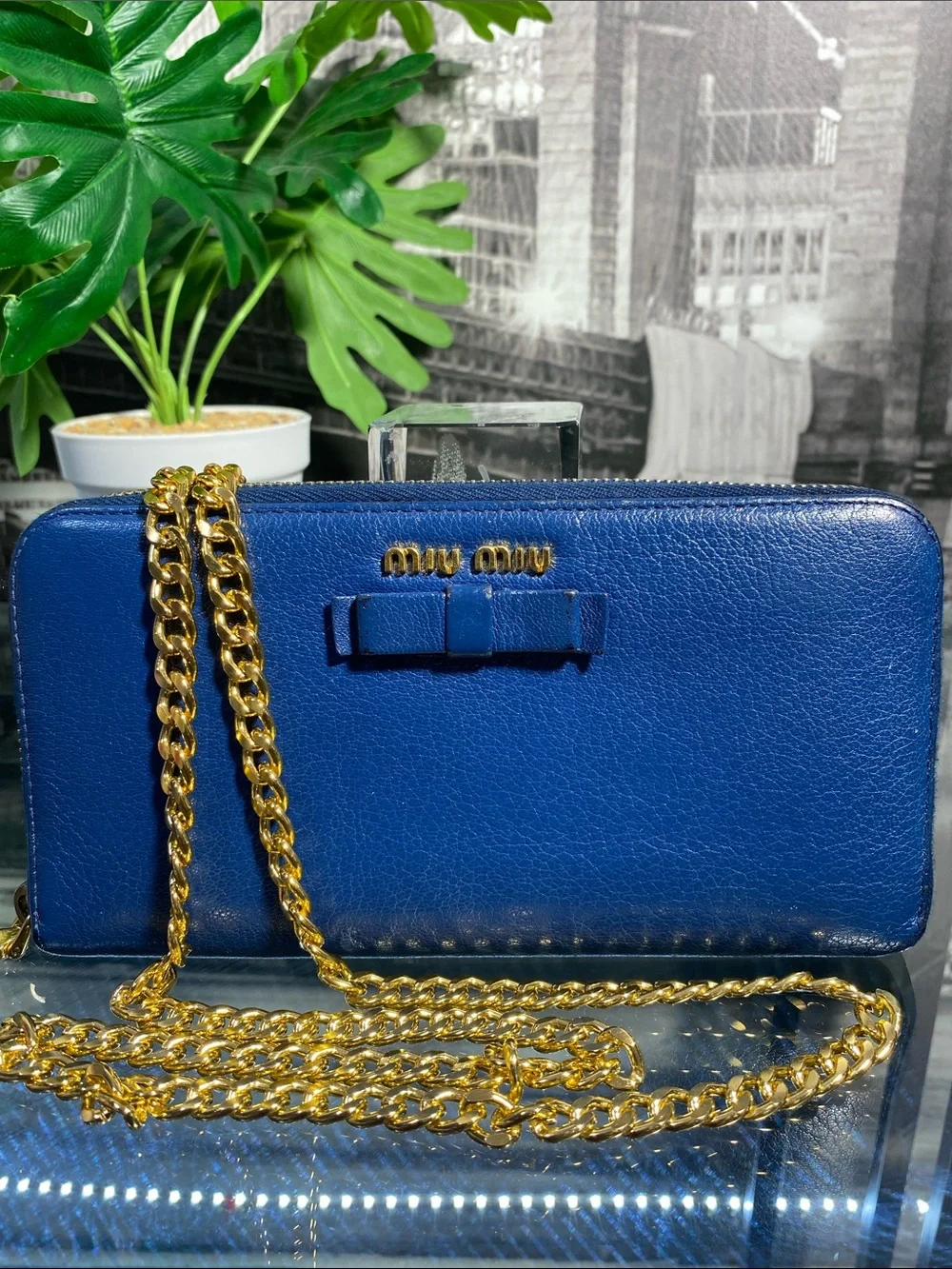 Authentic MIU MIU 💙 Bow Blue Leather Long Wallet in rich royal blue leather
